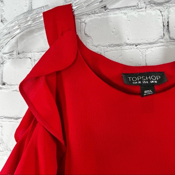 TopShop Cold Shoulder Top Ruffle Red 6 - Picture 9 of 13